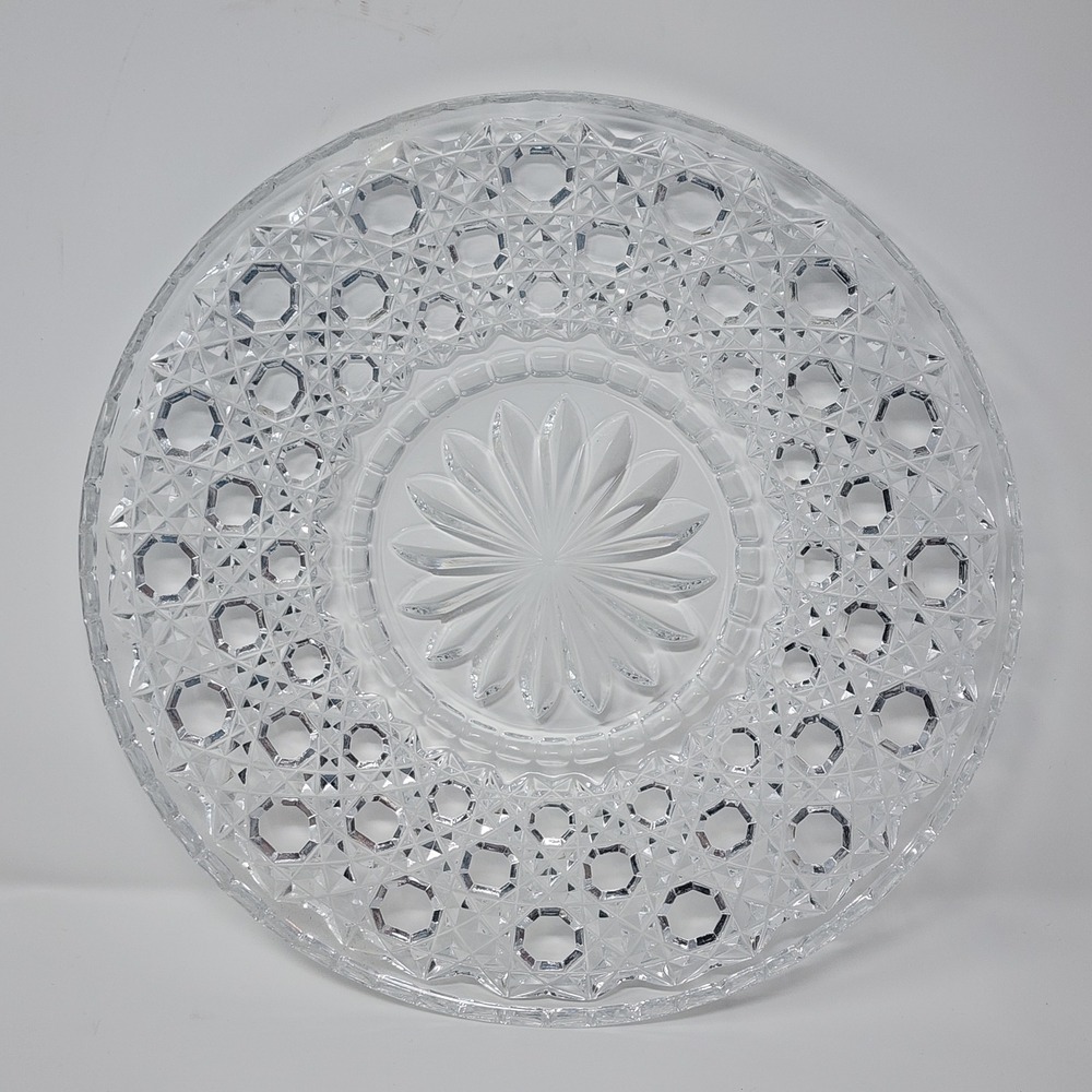 Vtg Bohemia Slovakia Czech Serving Platter 12" Leaded Clear Cut Glass Sunburst